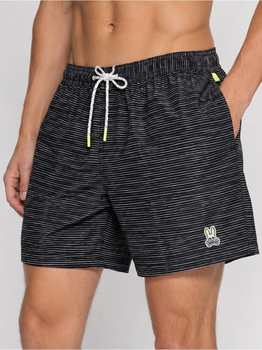 Psycho Bunny Lukas Hand Drawn Stripe Swim Trunks Black Size L Mesh Lined EUC
